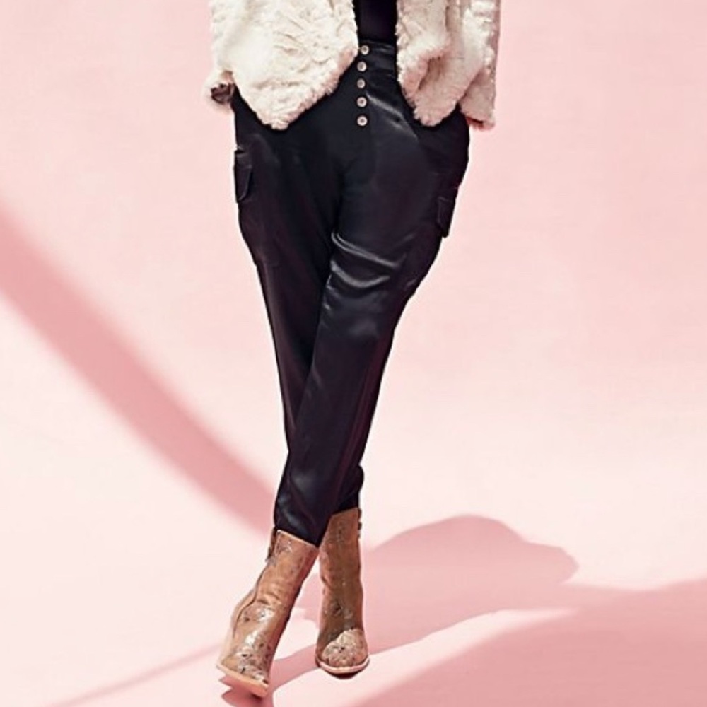 Free People Satin Black Ankle Cropped Cargo Pants